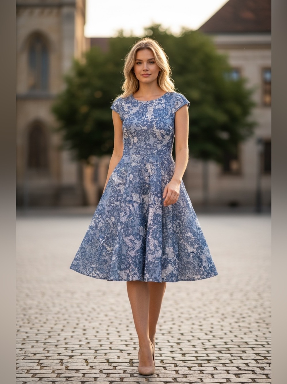 Betsey Johnson Womens Blue and Ivory Lace Print Fit and Flare Dress Size 2